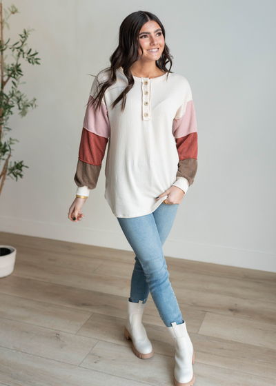 Cream colorblock long sleeve top