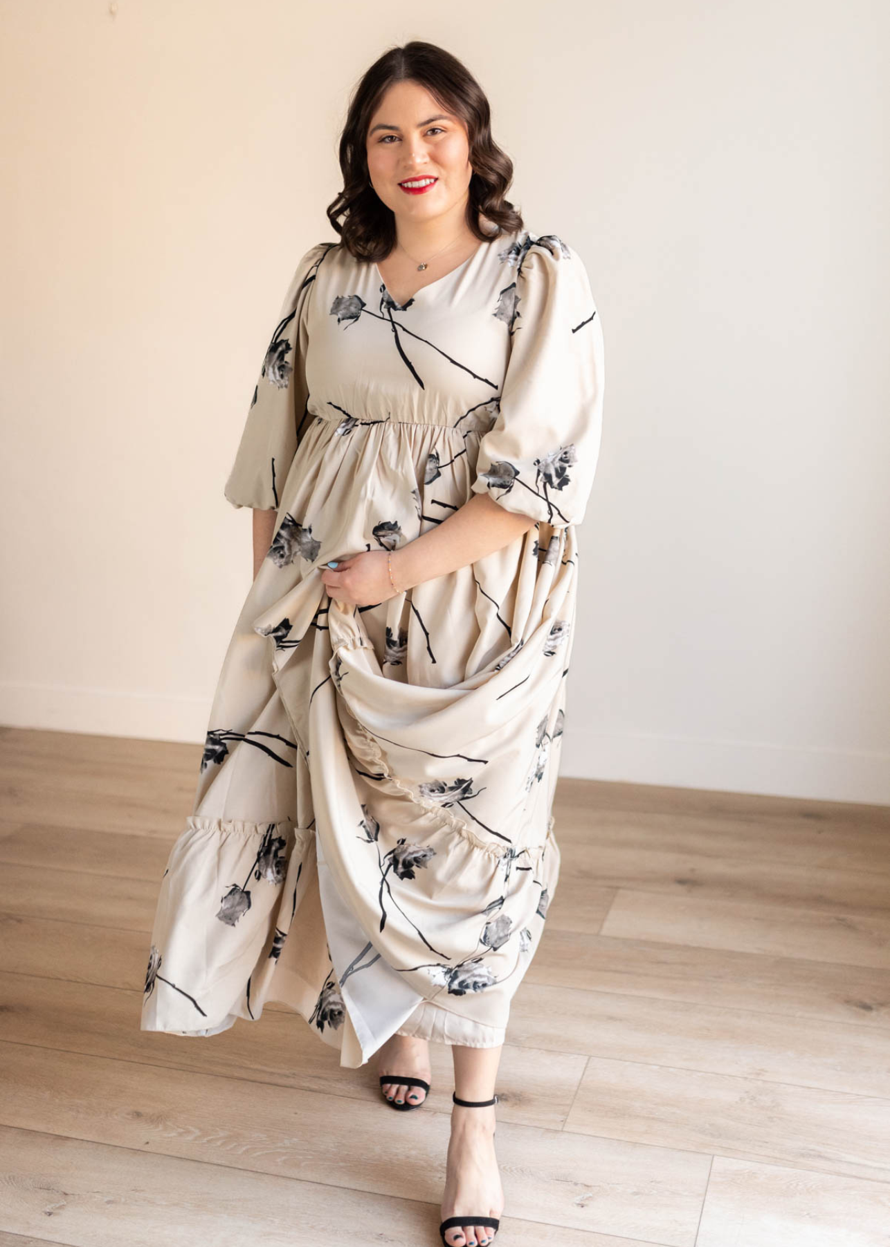 Plus size beige floral dress with elbow length sleeves