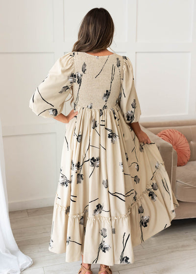 Back view of the beige floral dress