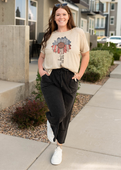 Plus size America sunflower top with red and blue on the flower