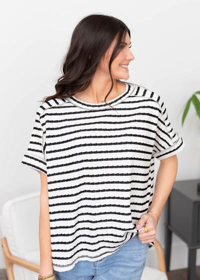 Short sleeve black stripe top with cuffs