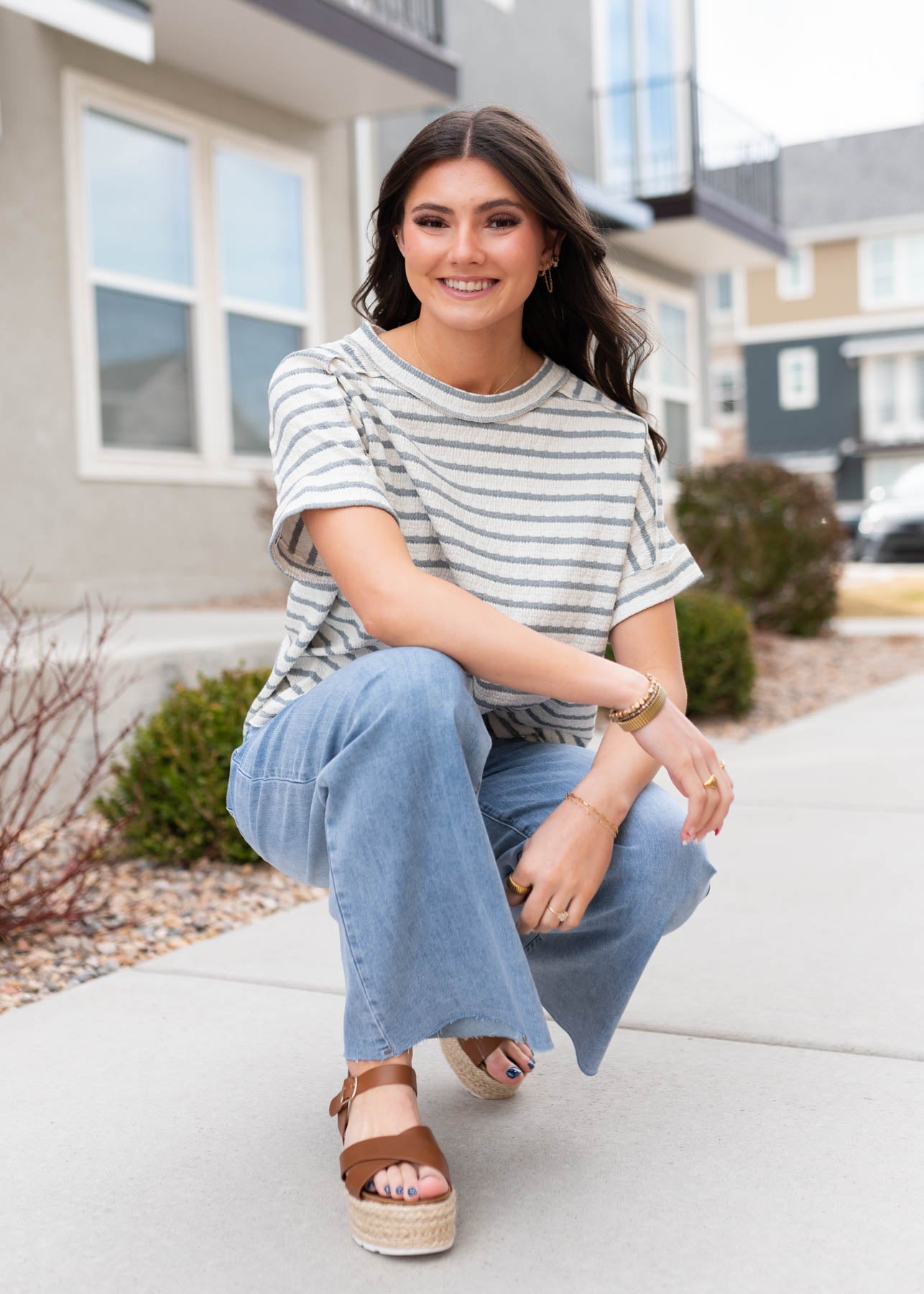 Blue grey stripe top with short sleeves