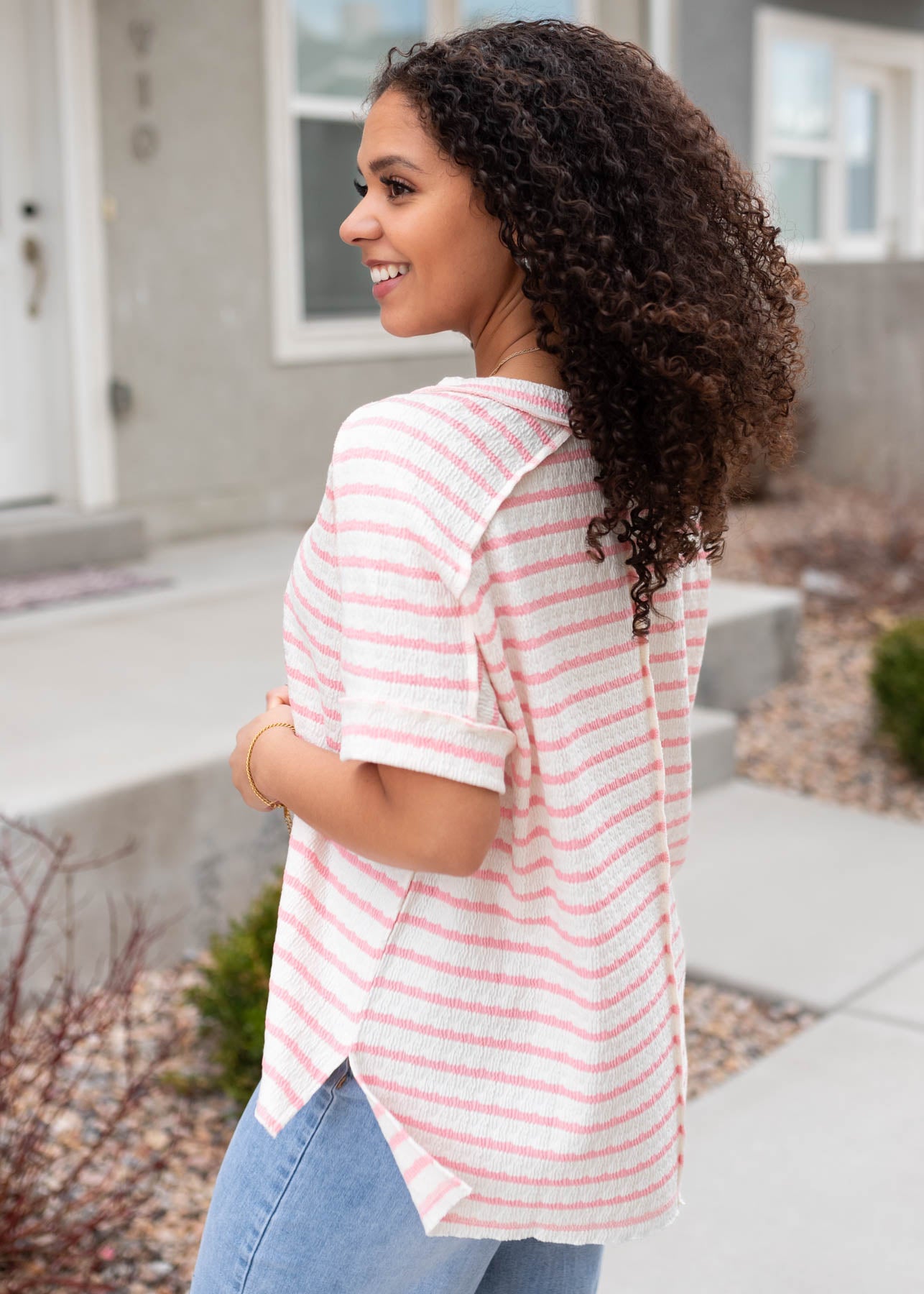 Side view of the pink stripe top