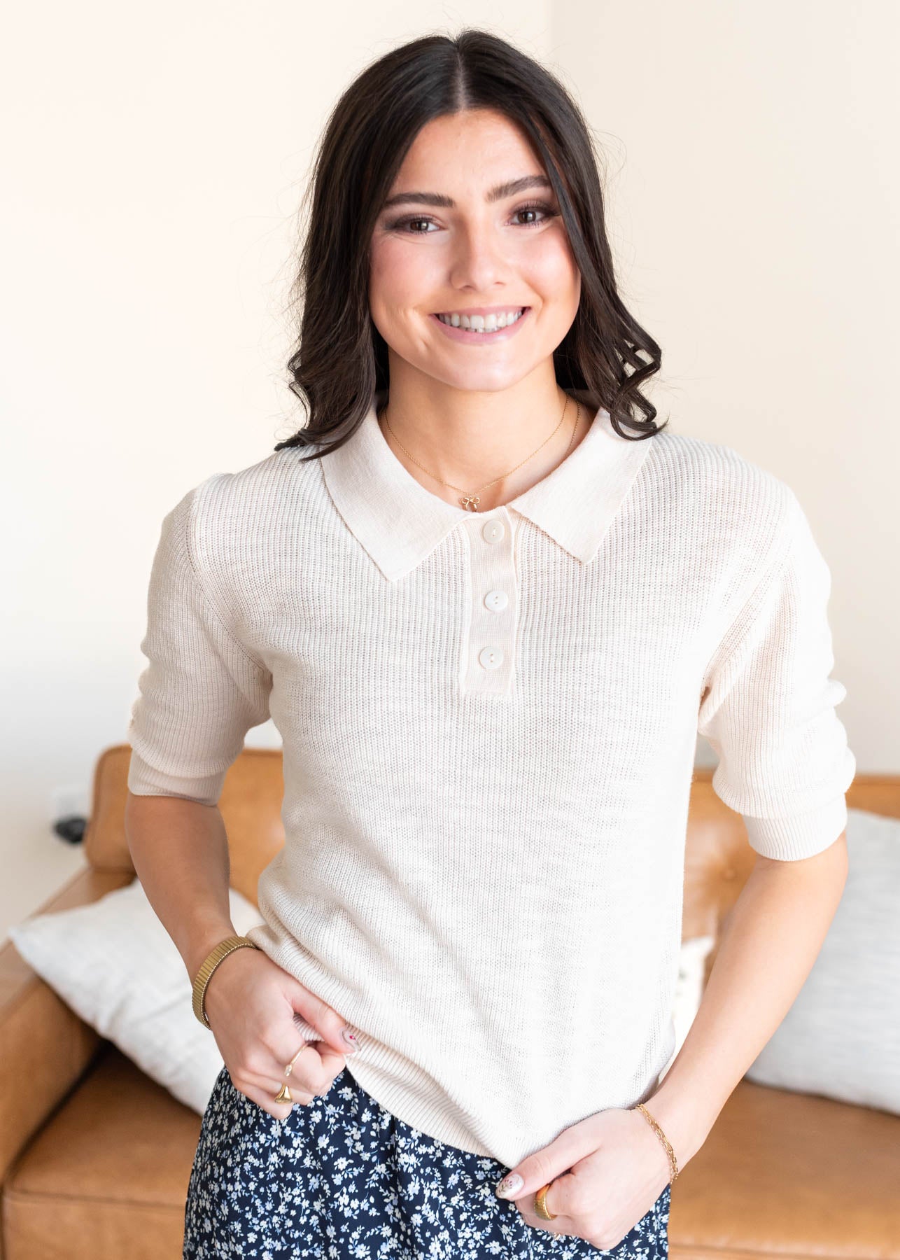 Ivory collared top with three buttons