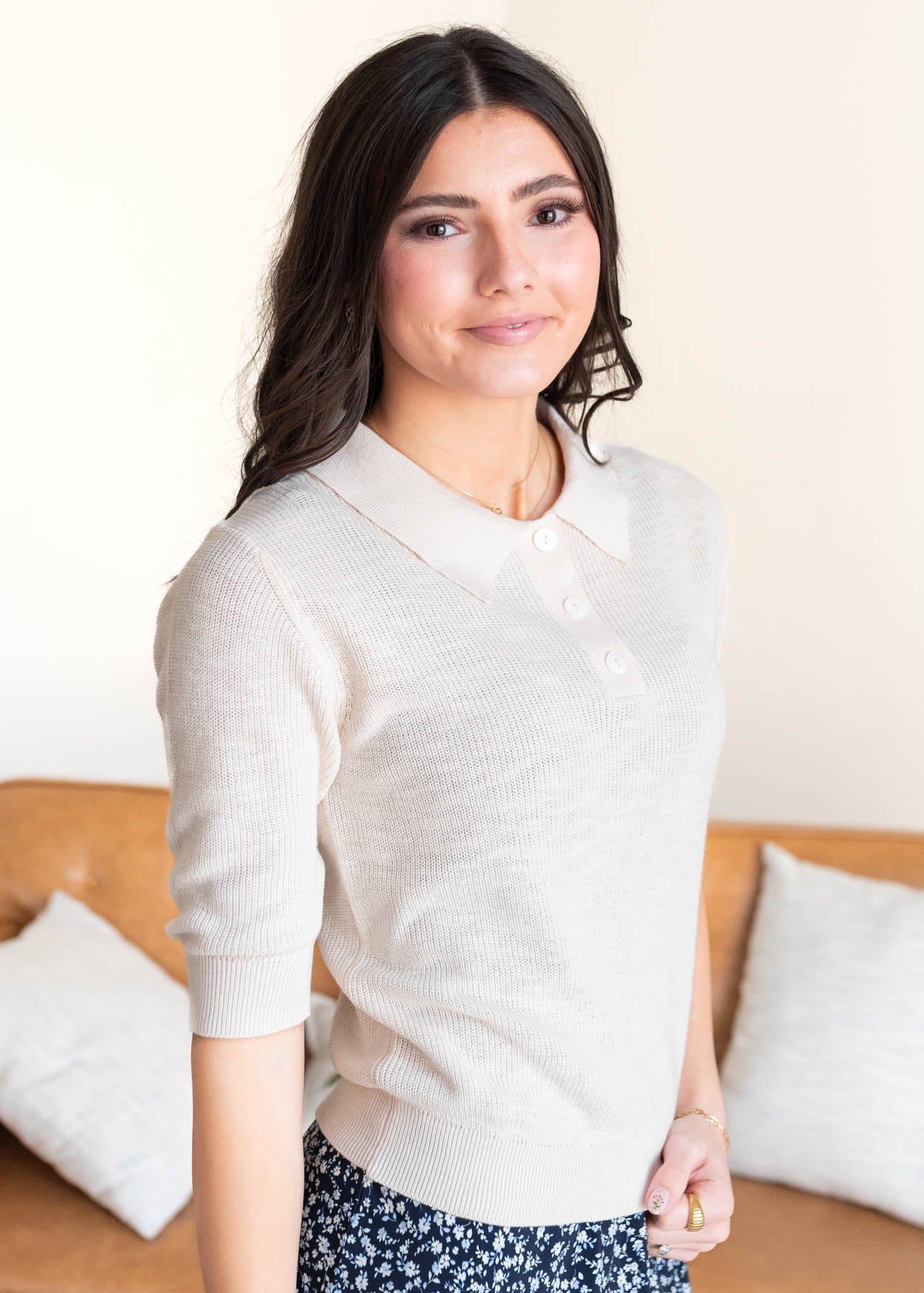 Side view of the ivory collared top