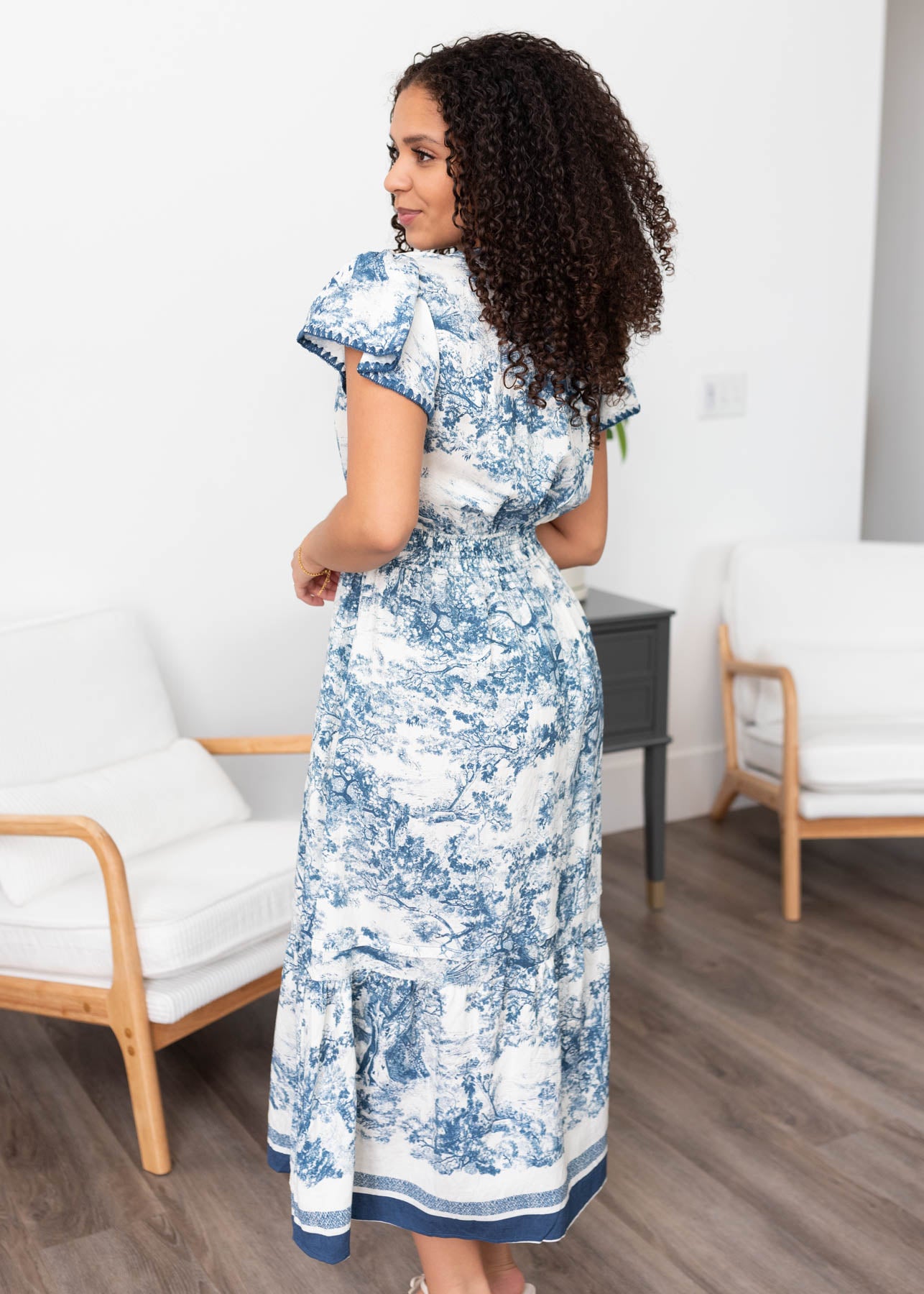 Side view of the blue pattern dress