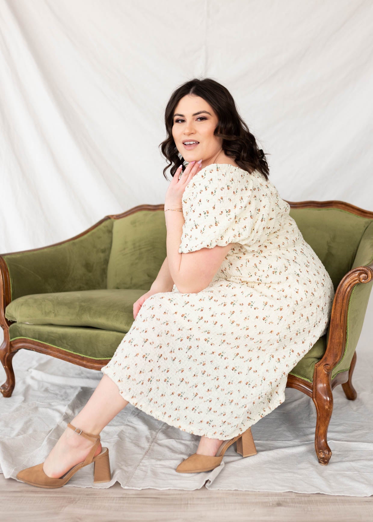 Knee length cream floral print dress in plus size