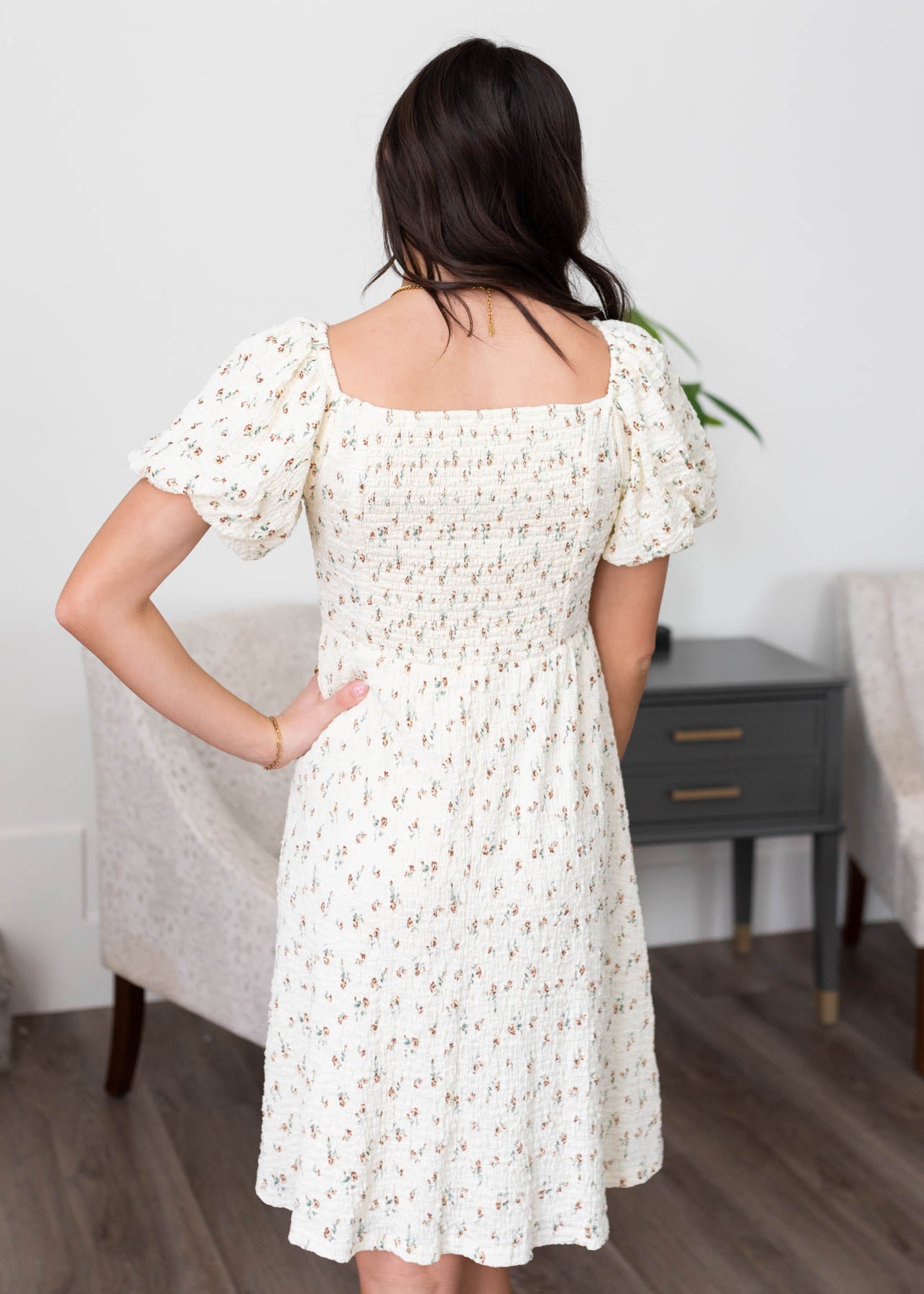 Back view of the cream floral printed dress