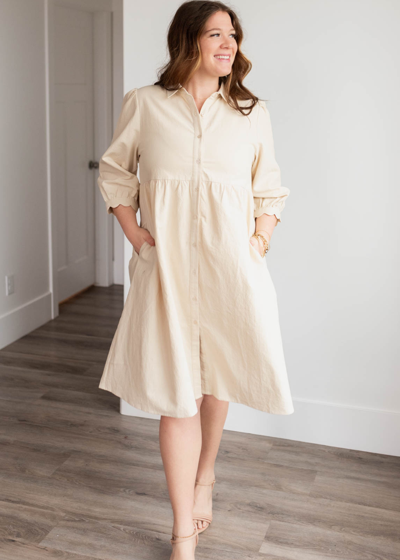 Plus size beige button down dress