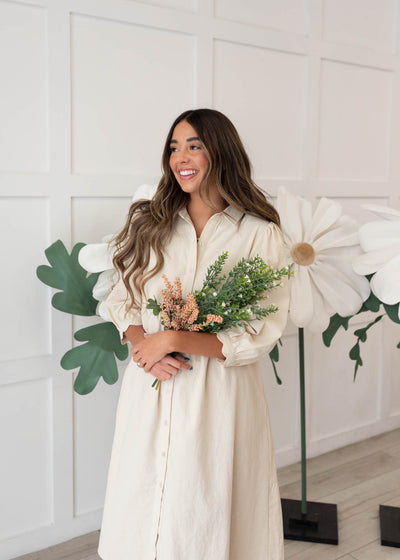 Beige button down dress with scalloped cuff