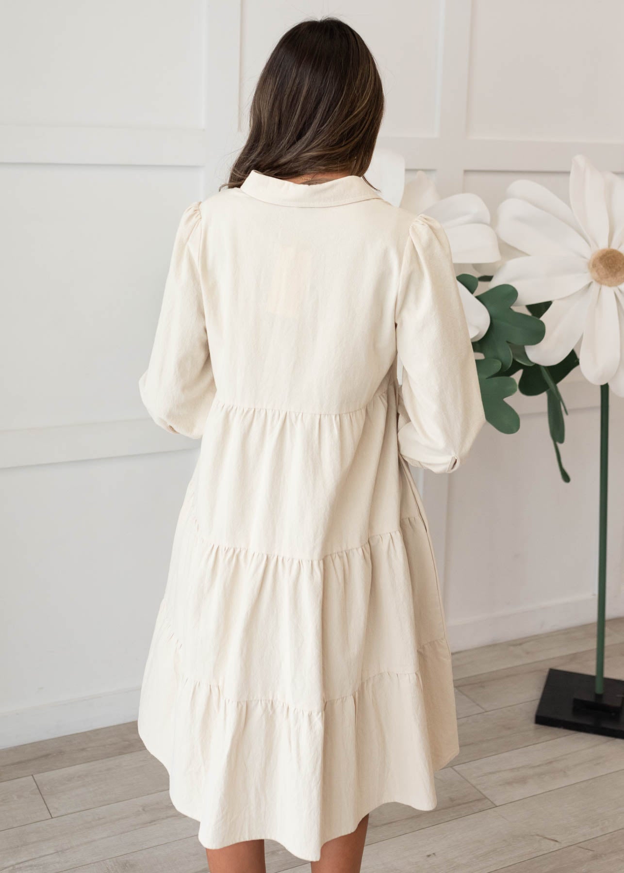 Back view of the beige button down dress