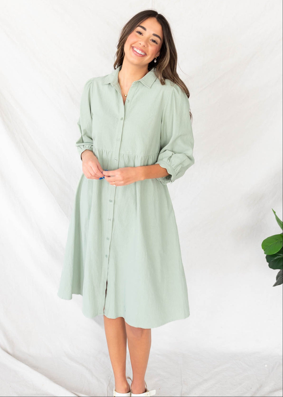 Sage buttondown dress with scalloped cuffs and collar