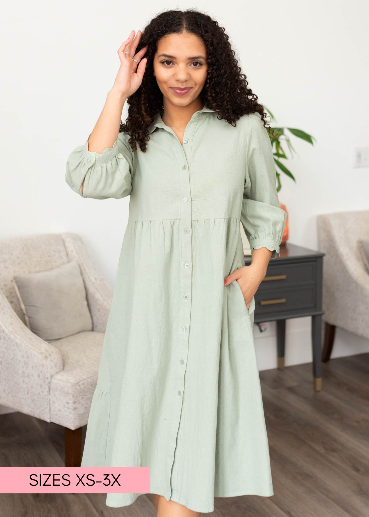 Sage button down dress with collar and pockets