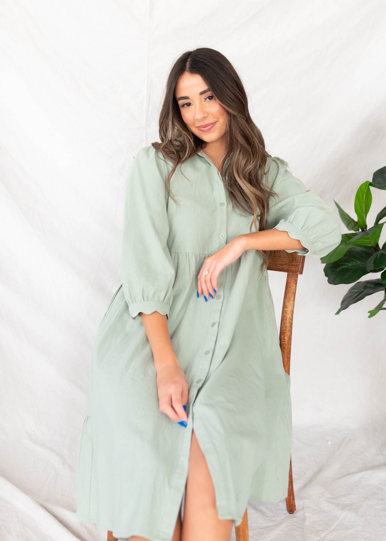 Short sleeve sage buttondown dress