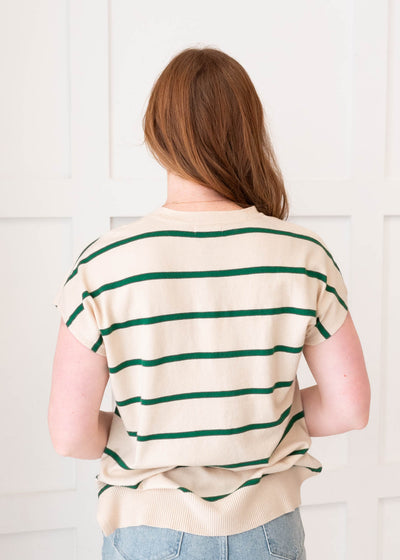 Back view of the green stirpe sweater vest