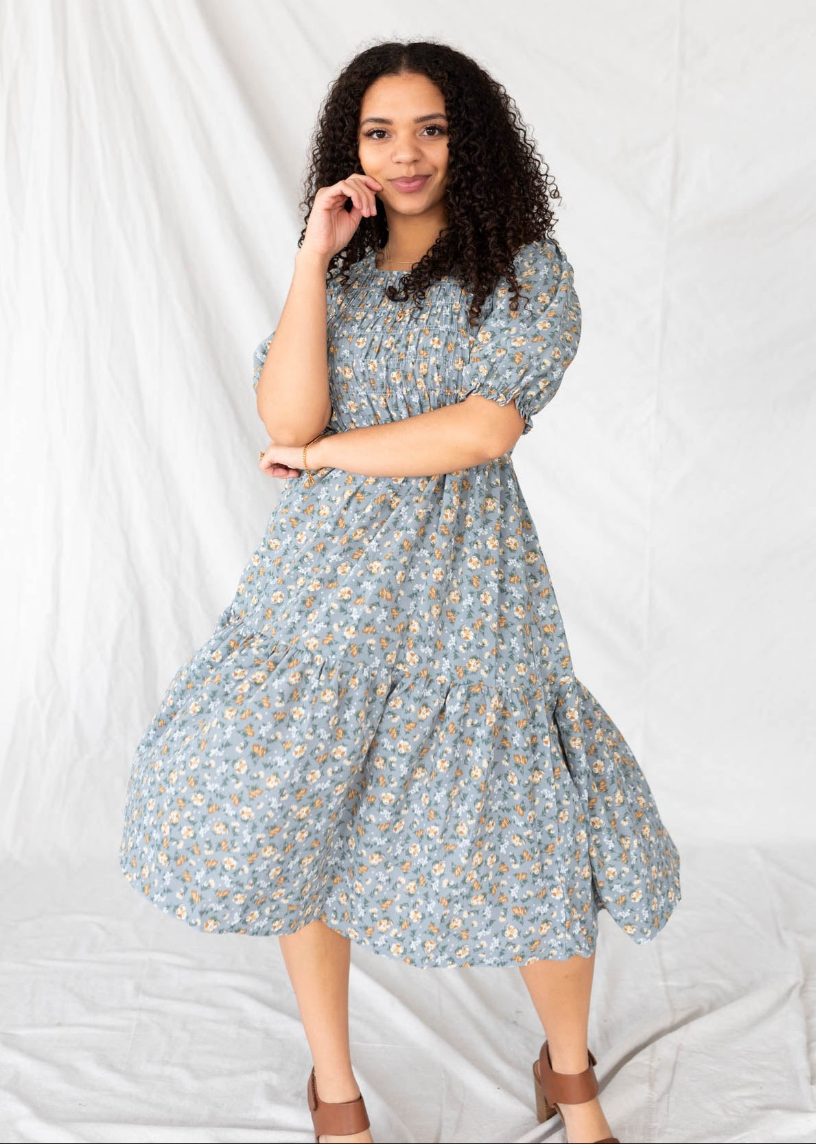 Dusty blue floral dress with smocked bodice