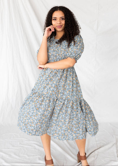 Dusty blue floral dress with smocked bodice