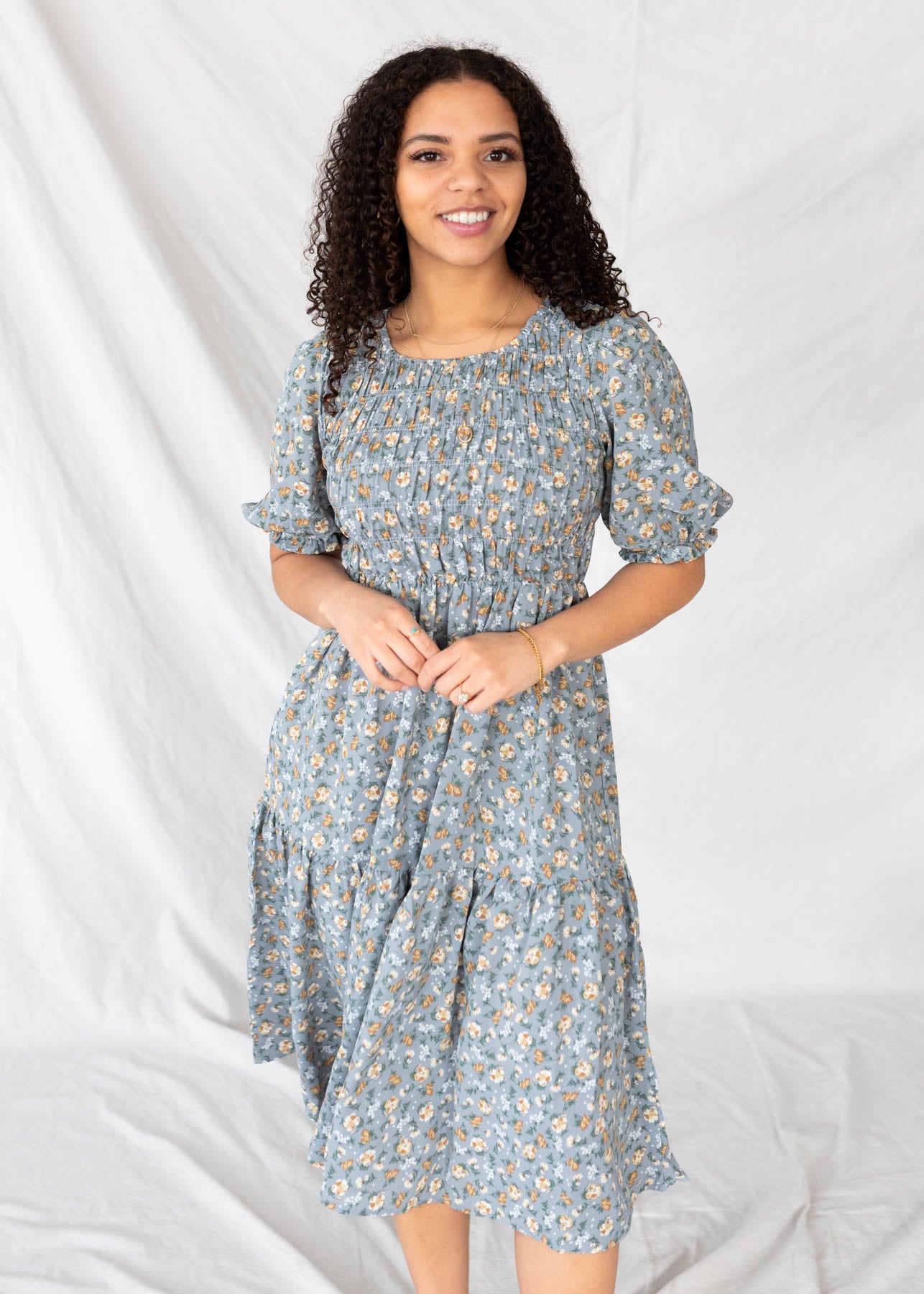 Dusty blue floral dress with short sleeves