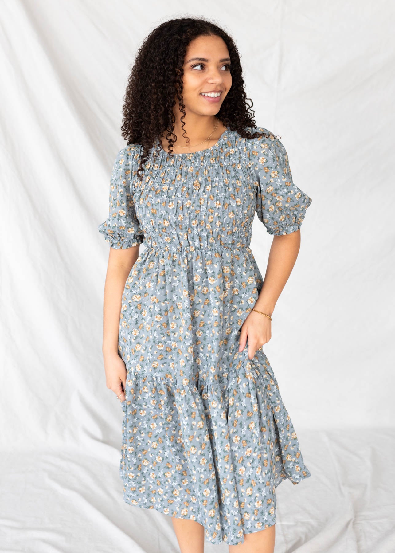 Short sleeve dusty blue floral dress