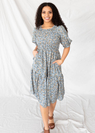 Small dusty blue floral dress with pockets