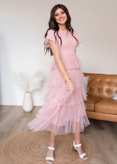 Vintage blush ruffle dress with smocked bodice