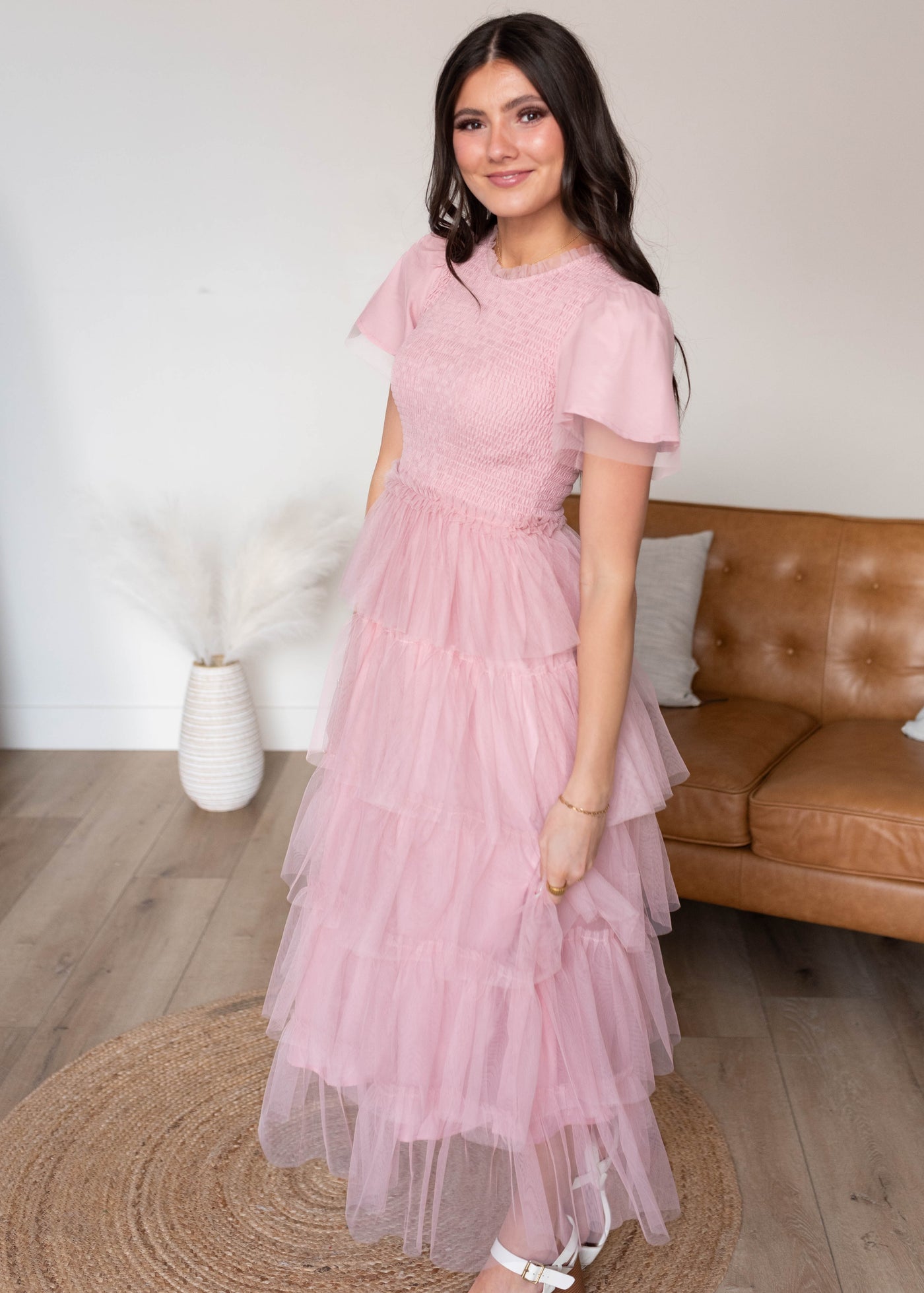 Side view of the vintage blush ruffle dress