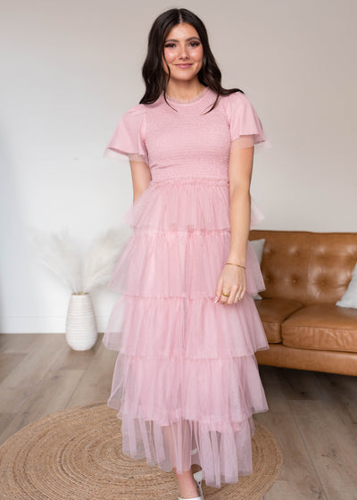 Short sleeve vintage blush ruffle dress