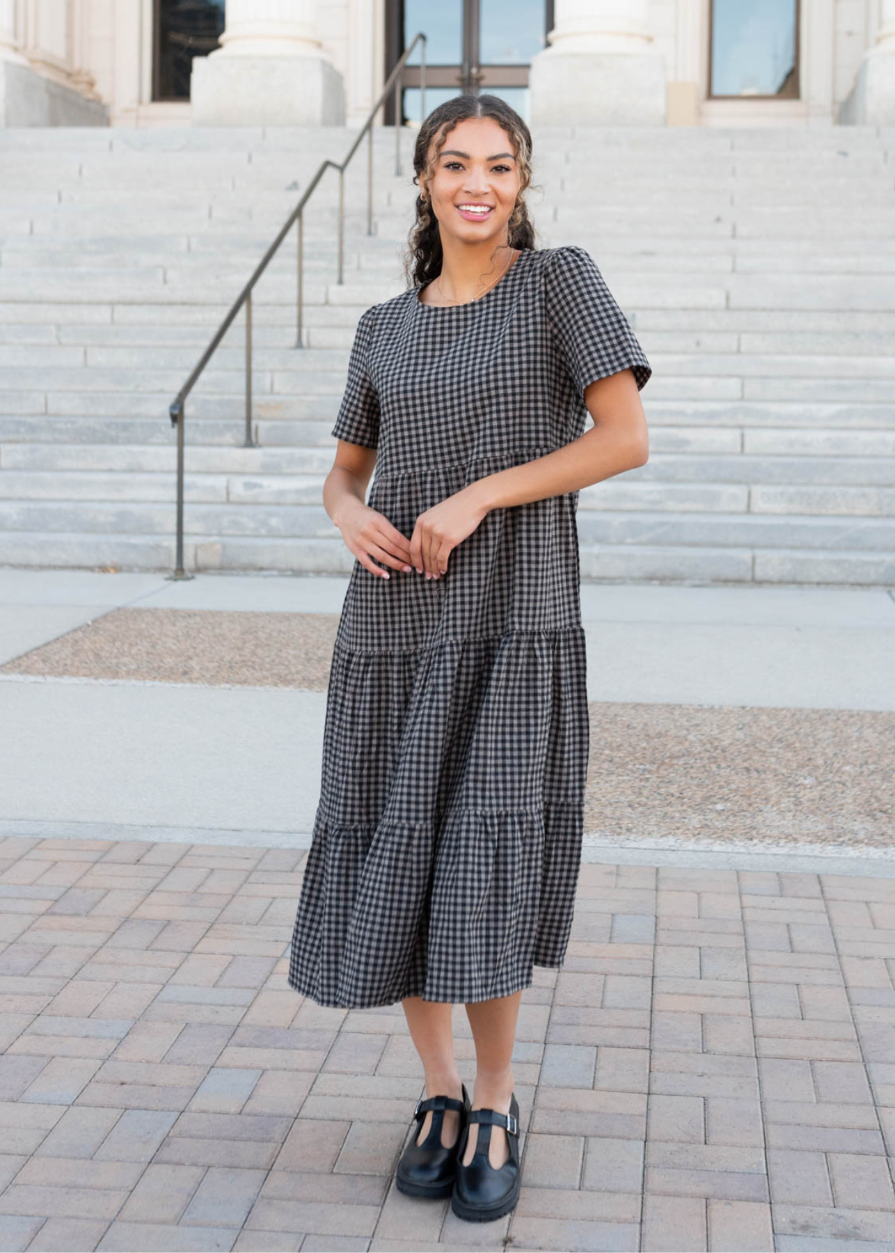 Charcoal gingham dress with tiered skirt