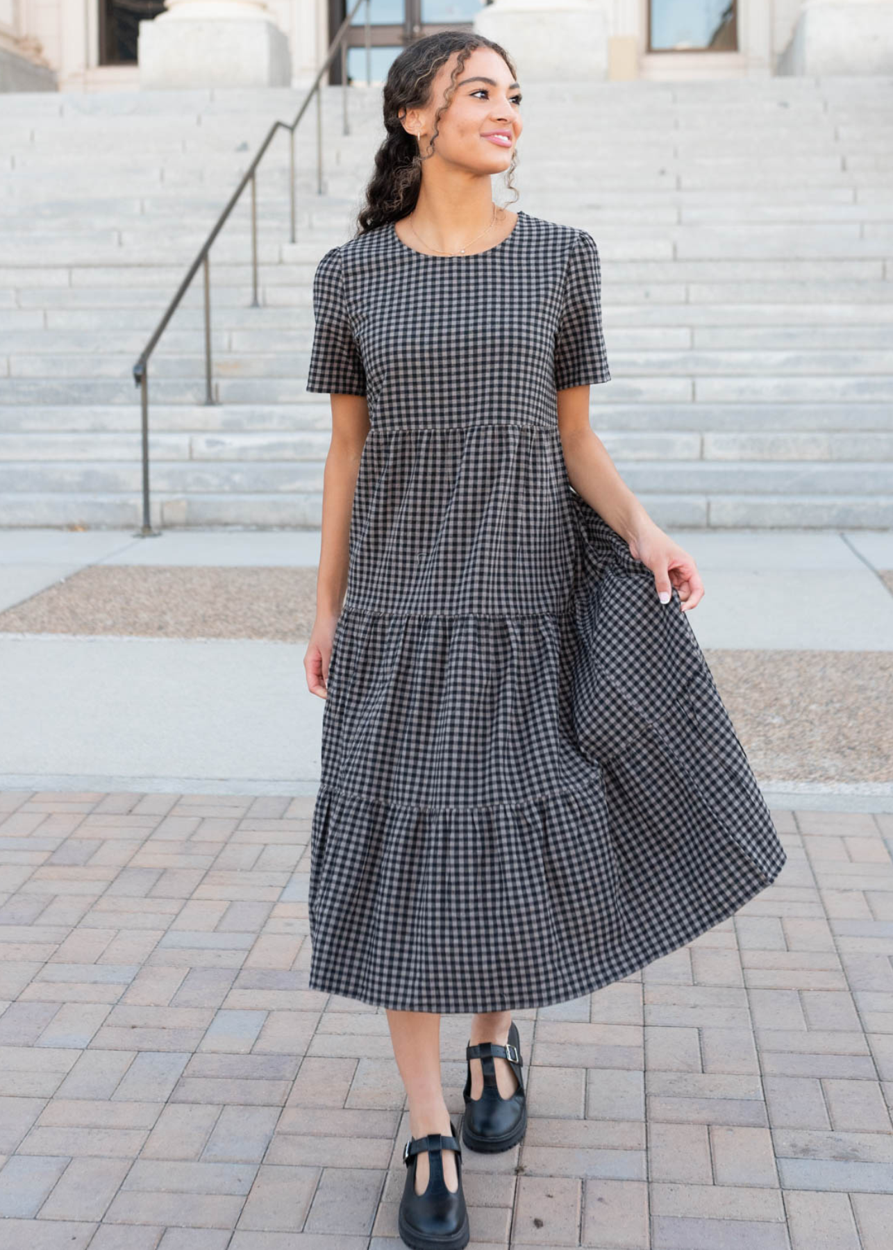 Charcoal gingham dress with short sleeves