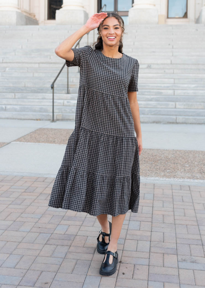 Short sleeve charcoal gingham dress