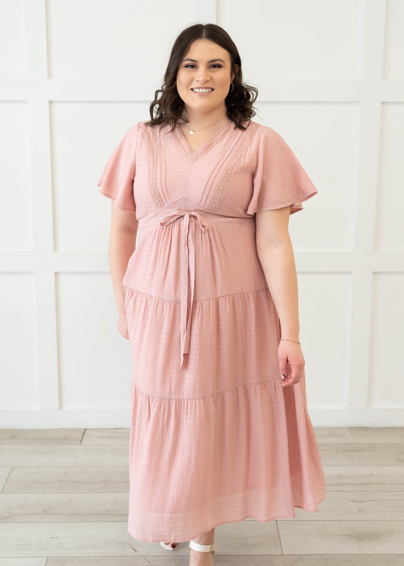 Short sleeve blush textured tiered dress in plus size