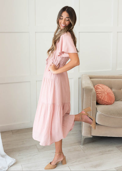 Blush texutred tiered dress with a tie waist