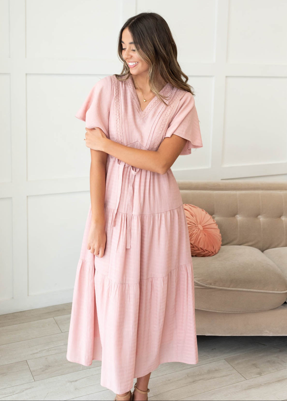 Short sleeve blush textured tiered dress