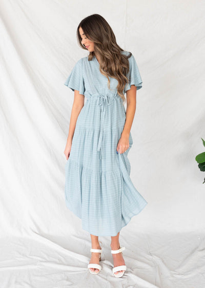 Emilee Dusty Blue Textured Tiered Dress