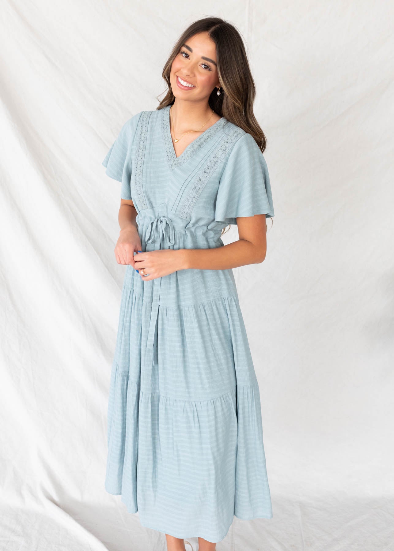 Emilee Dusty Blue Textured Tiered Dress