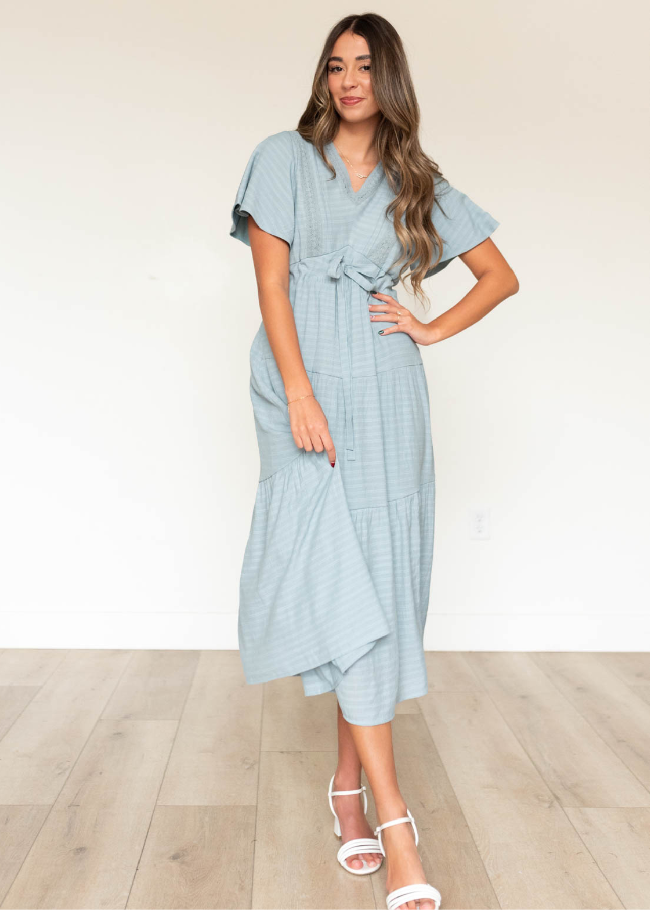 Dusty blue textured tiered dress