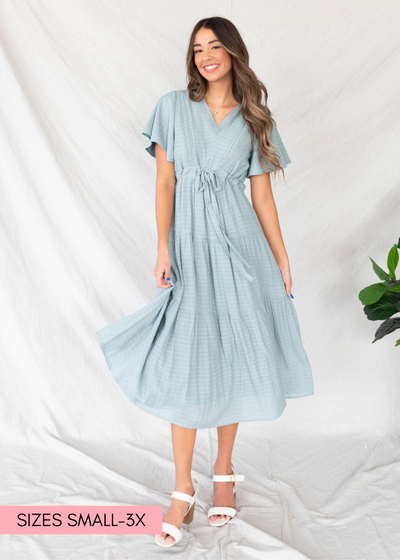 Dusty blue textured tiered dress