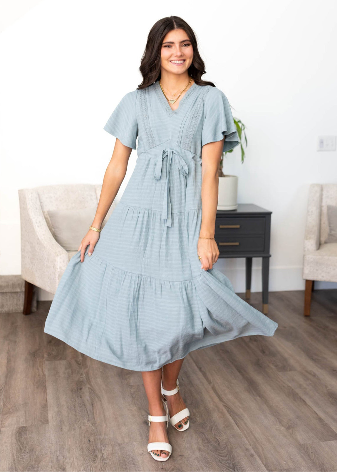 Emilee Dusty Blue Textured Tiered Dress