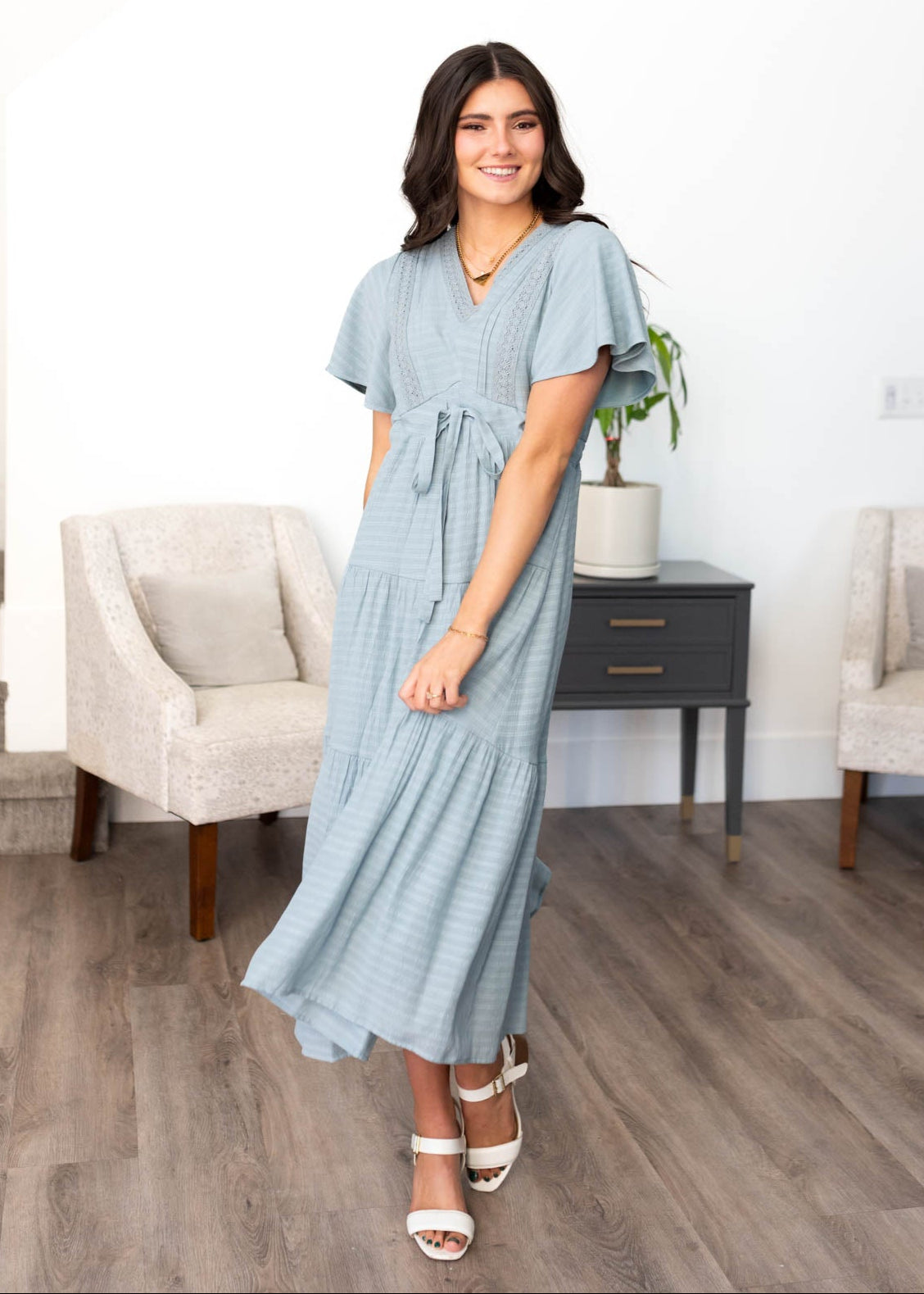 Emilee Dusty Blue Textured Tiered Dress