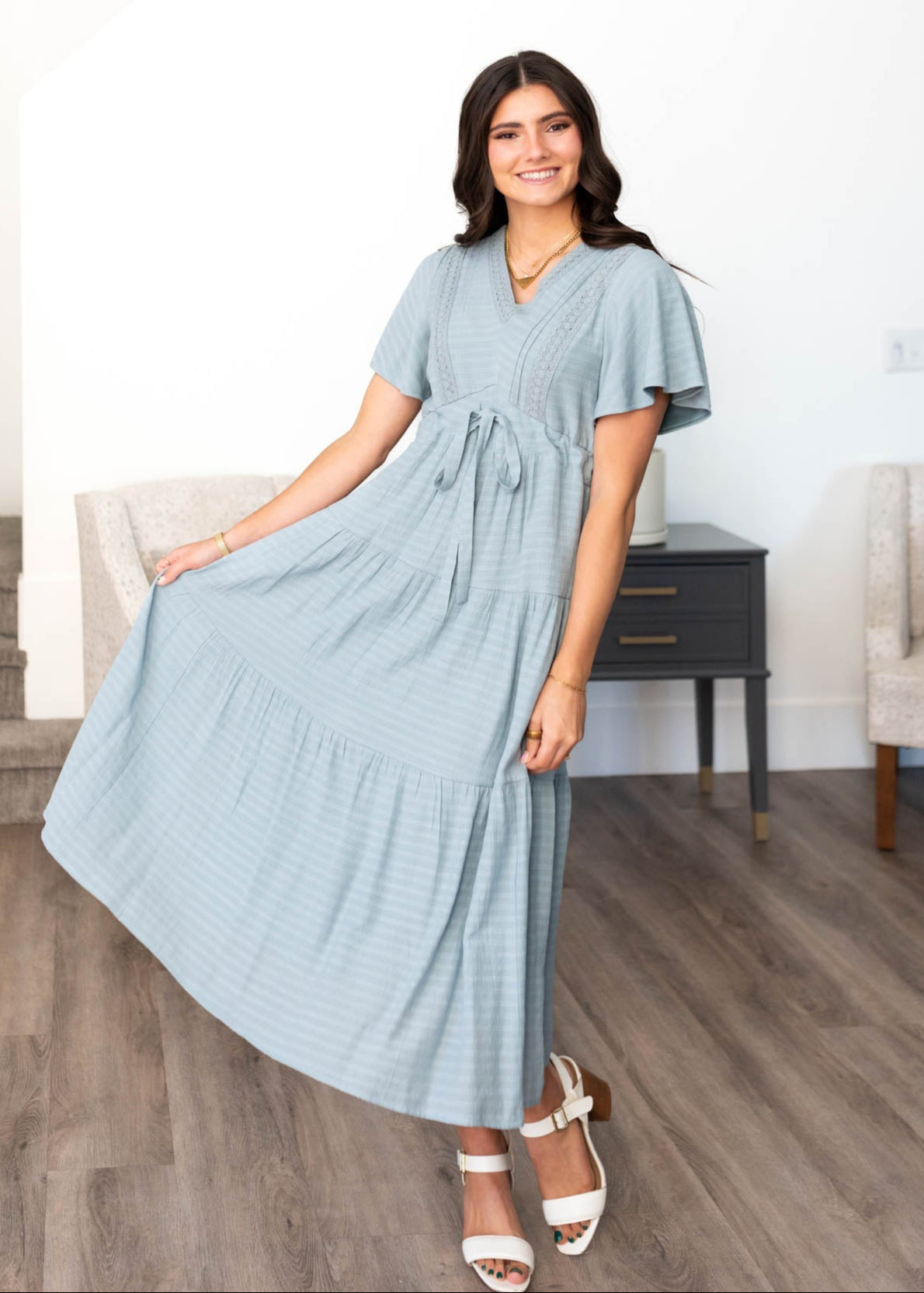 Emilee Dusty Blue Textured Tiered Dress