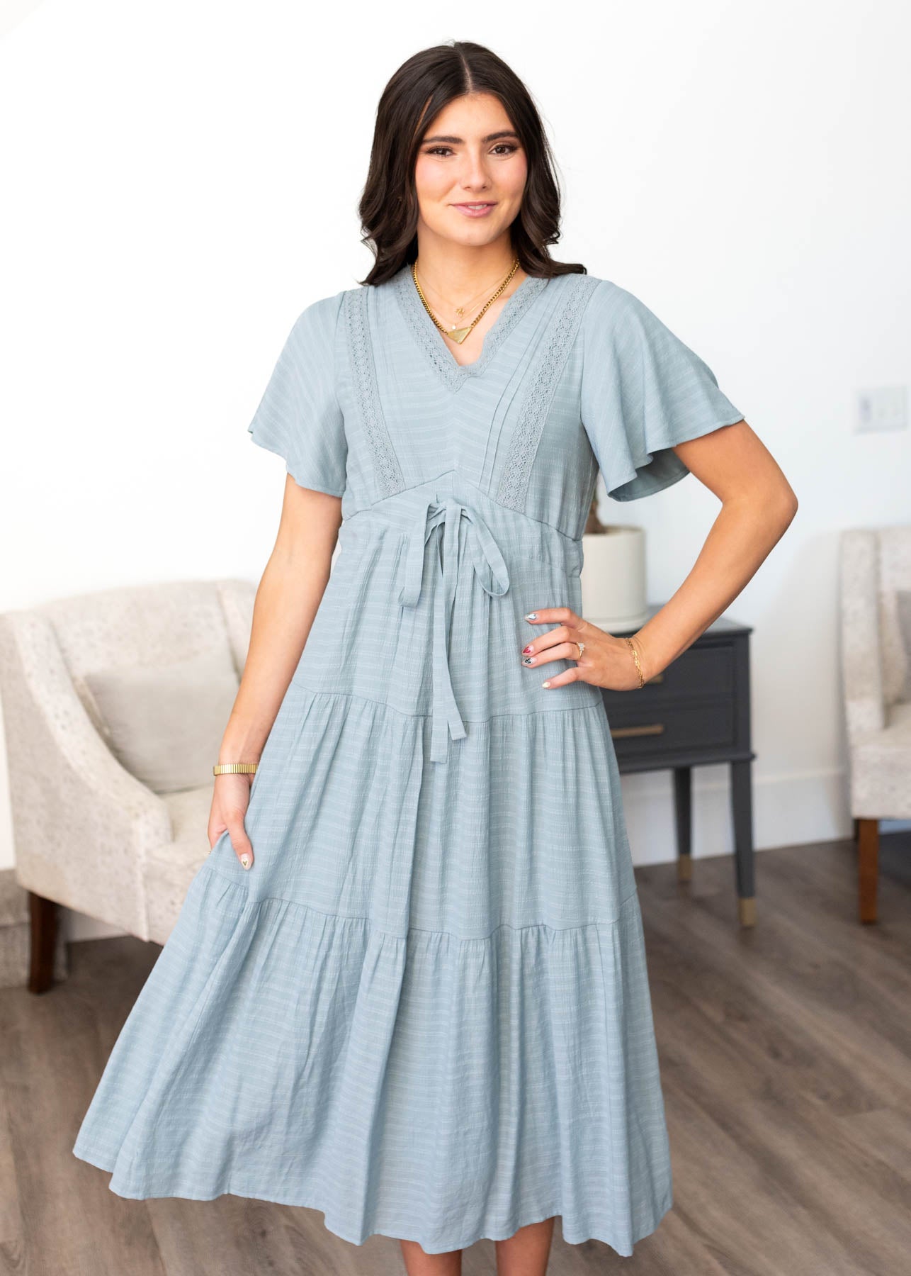 Emilee Dusty Blue Textured Tiered Dress