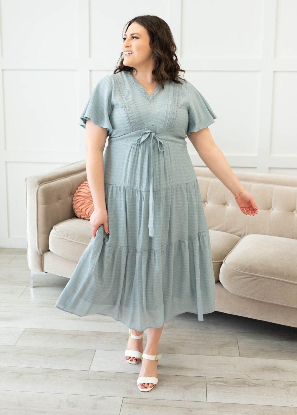 Plus size dusty blue textured tiered dress with short sleeves