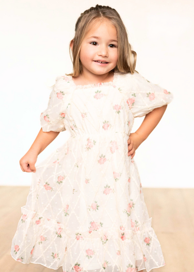 Cream rose little girl dress with short sleeves