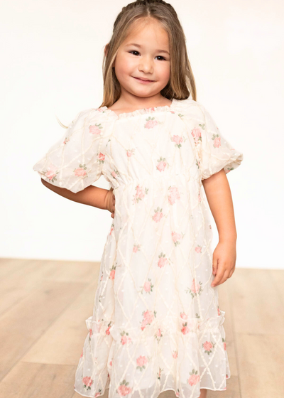 Short sleeve cream rose little girl dress