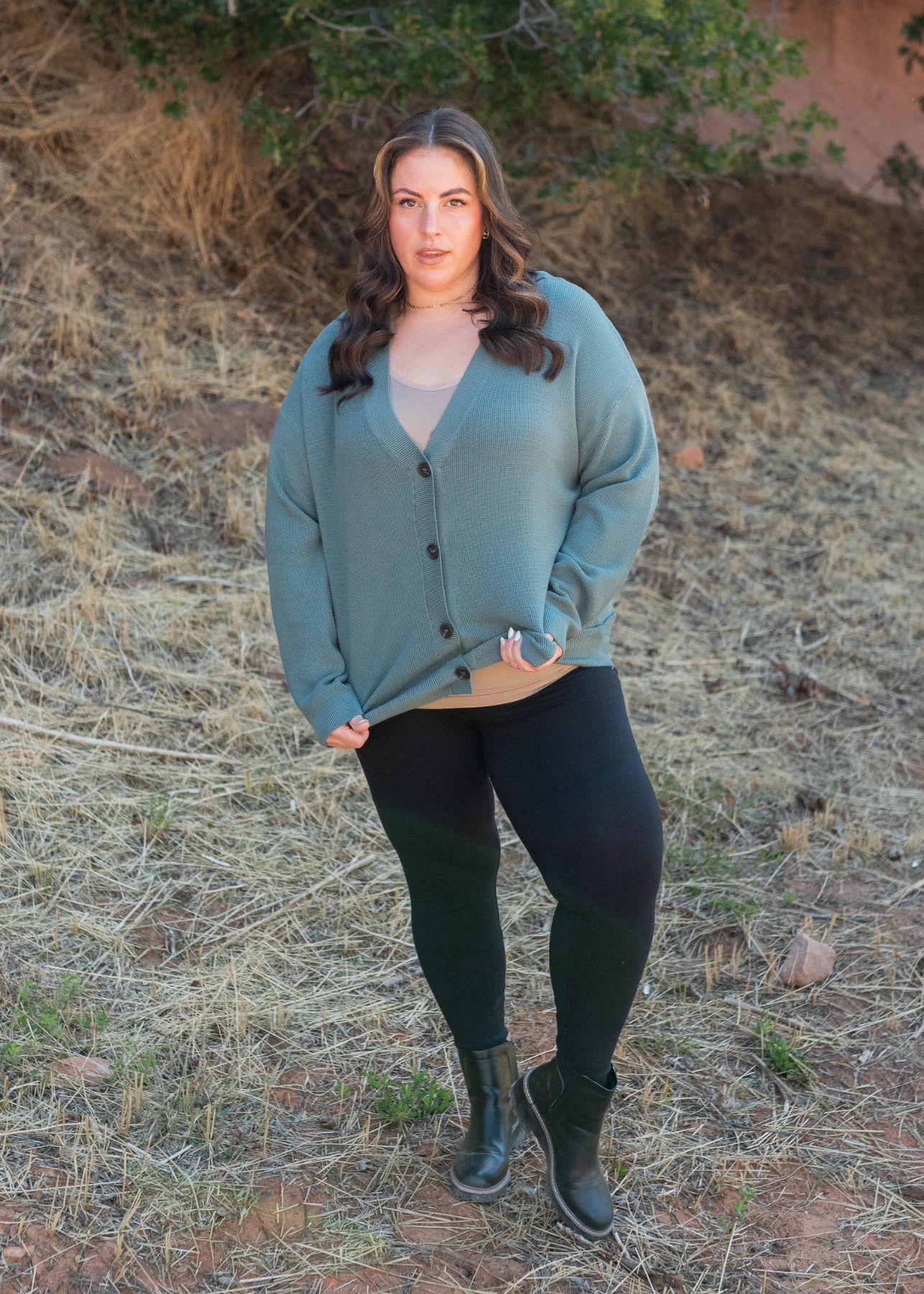 Plus size jade button down cardigan with long sleeves