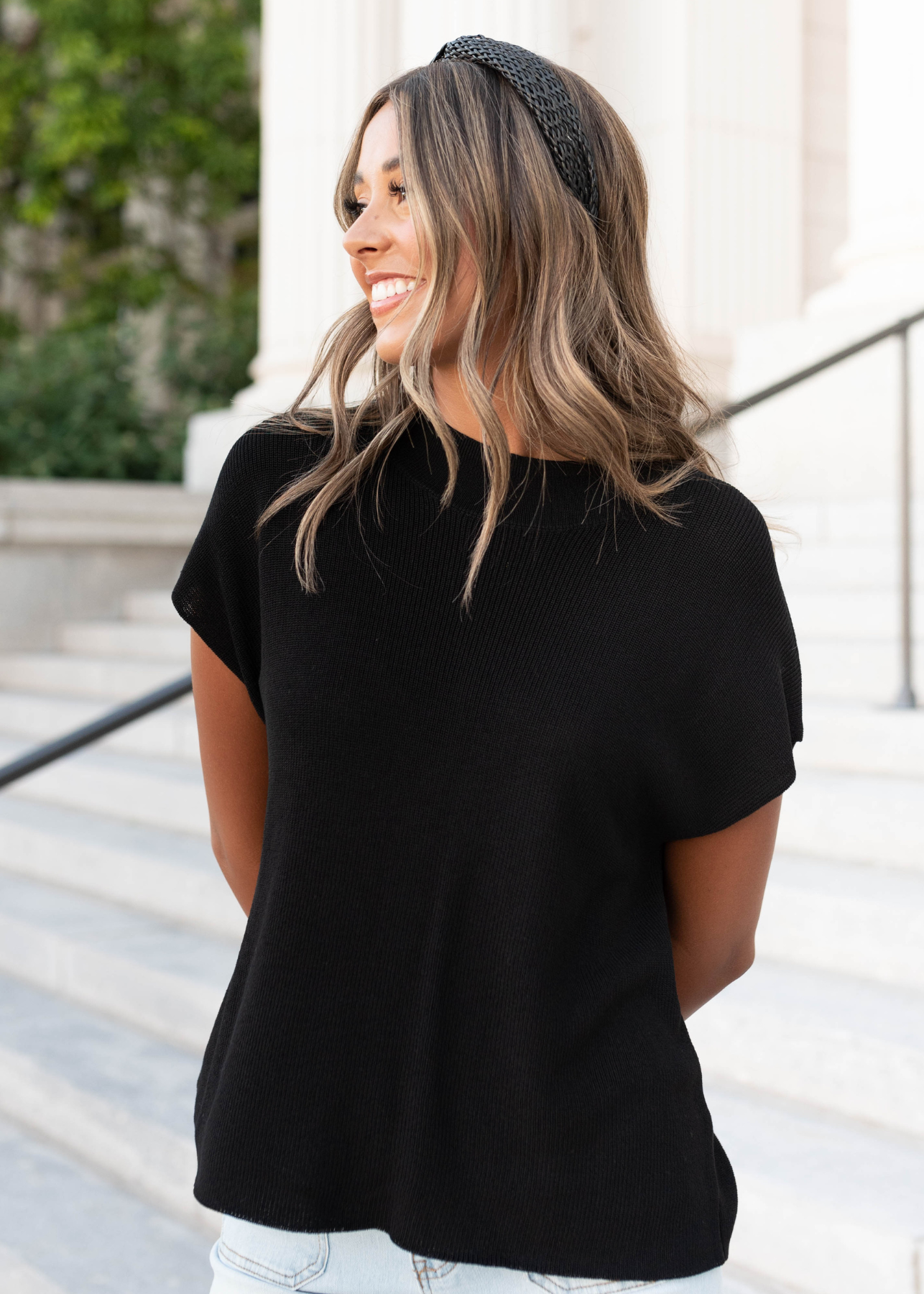 Black knit cap sleeve top with short sleeves
