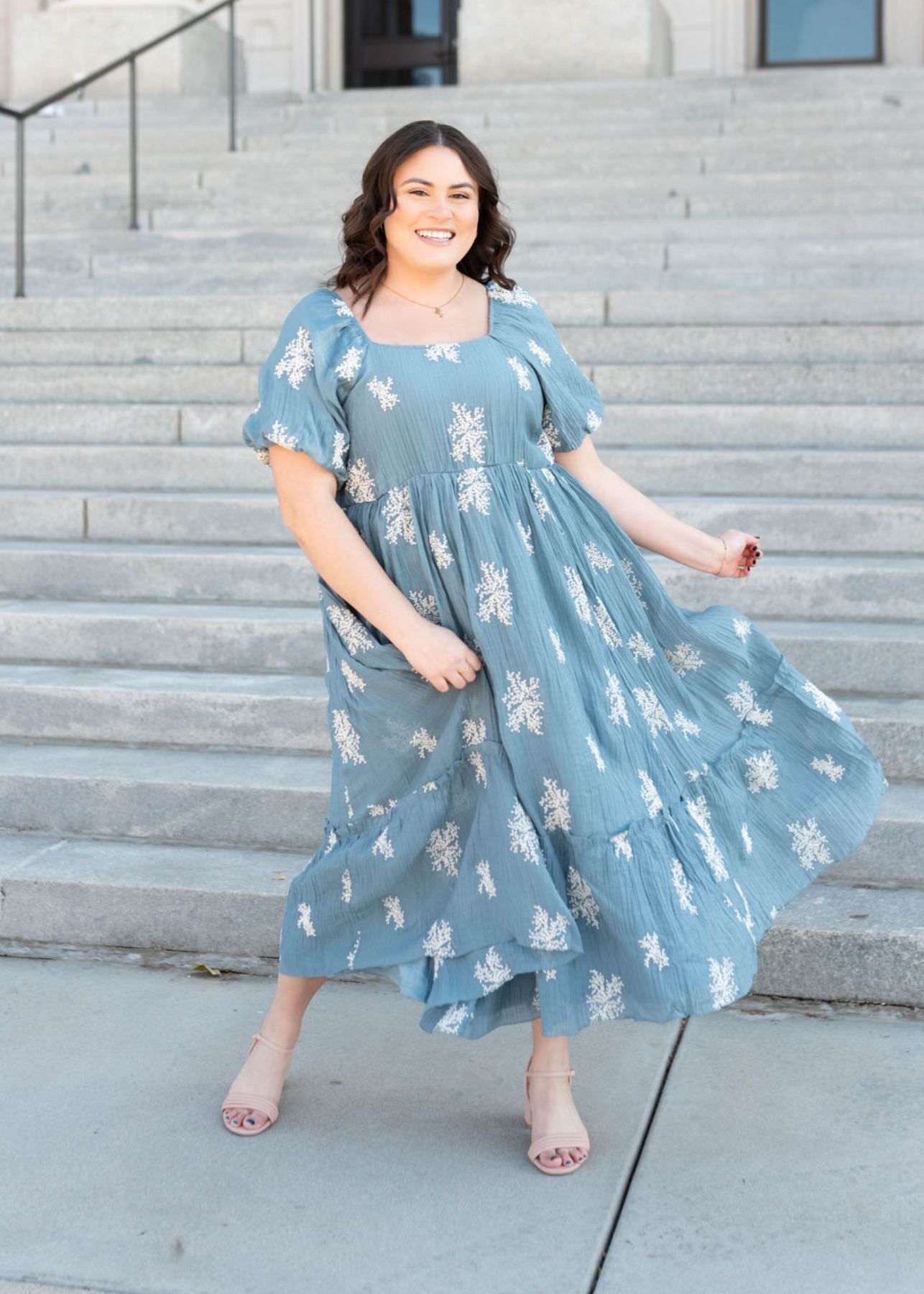 Short sleeve dusty blue embroidered dress in plus size