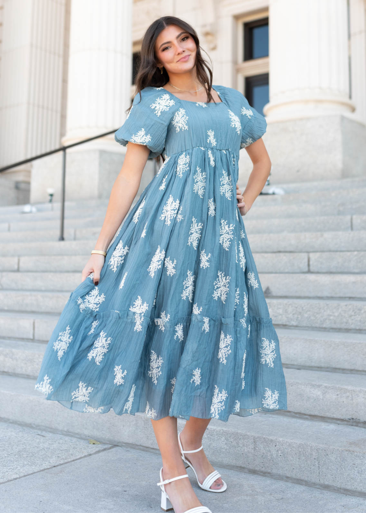 High waisted dusty blue embroidered dress