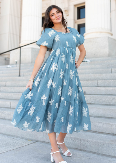 High waisted dusty blue embroidered dress