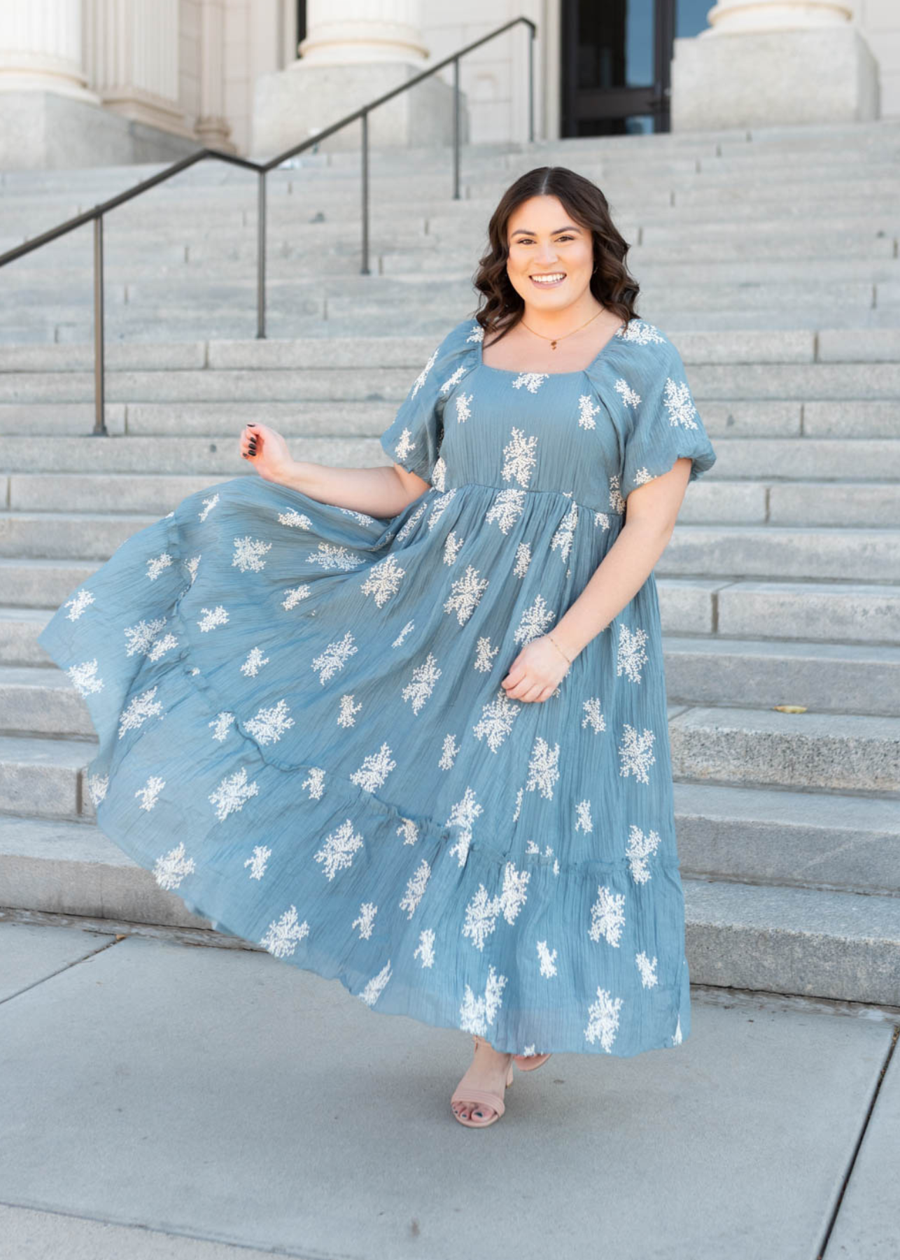 Plus size dusty blue embridered dress with square neck